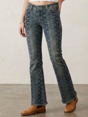 Hot Kiss Blue Patterned Wide-Leg Jeans with Fringe Hem
